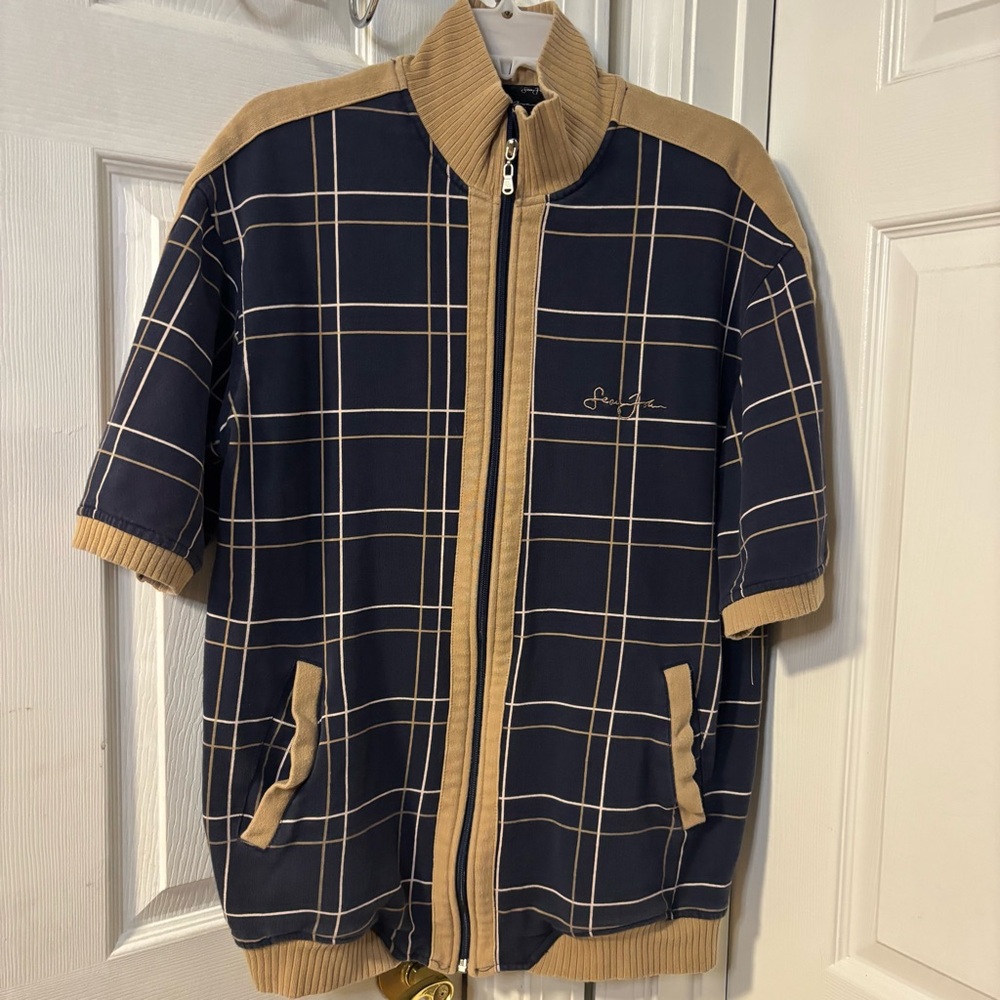 Sean John Y2K Iconic Preppy Navy & Tan Ribbed Collar Short Sleeve Shirt Large